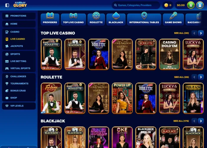 Live Games at Spins of Glory