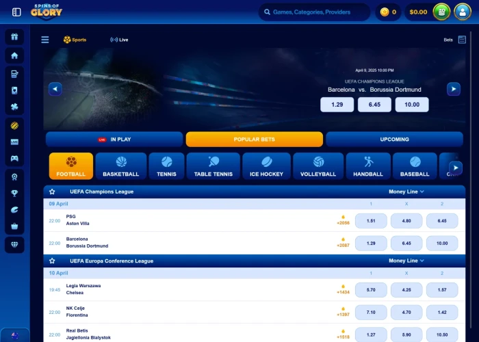 Sports Betting at Spins of Glory 