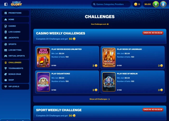 Challenges at Spins of Glory Casino 